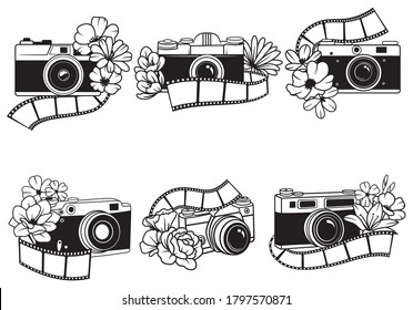 Set of digital floral cameras. Сollection of photographic equipment with film for development. Stylized cameras. Logo. Vector illustration for white background.