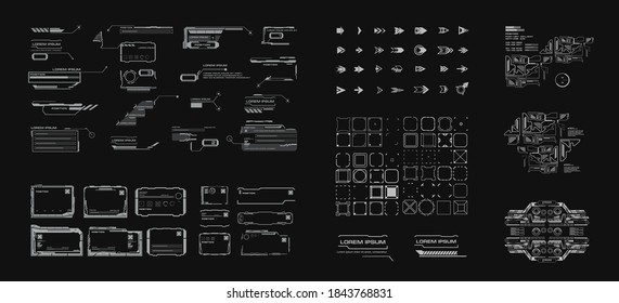 Set digital futuristic HUD elements. Arrows, pointers, callouts, information blocks, squares, headers abstract complex geometric elements for modern user interface or video games