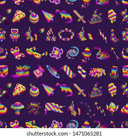 Set of digital game character. Rainbow pixel art style. Seamless pattern for wallpapers and textiles. Violet cubes vector