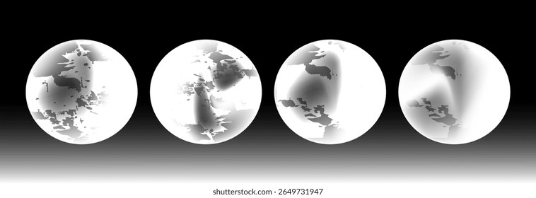 A set of digital globes featuring futuristic planetary designs with shadow mapped continents, smooth gradients, and fragmented terrain, for use in sci fi artwork, tech themed visuals, virtual world.