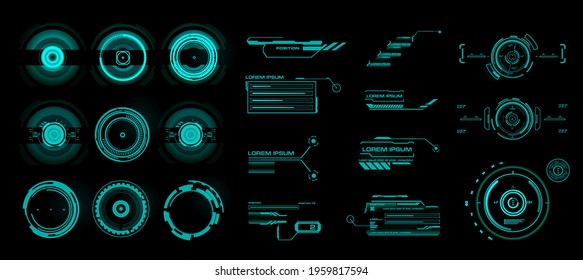 Set digital holographic glowing circles, buttons, callouts and targets. Set for user interface HUD, GUI, UI. Virtual reality technology screen