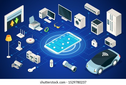 Set of digital home devices connected by wi-fi. IOT technology for house gadgets or internet of things with remote connection. Smartphone controller for building. Automation and electronic theme