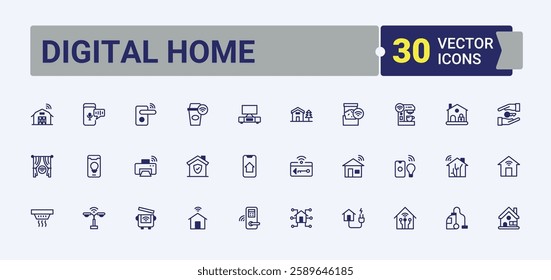 Set of Digital Home line icons. Contains linear outline icons like smart, shape, automation, garage, management, architecture. Outline symbol collection. Vector outline and solid icons collection.