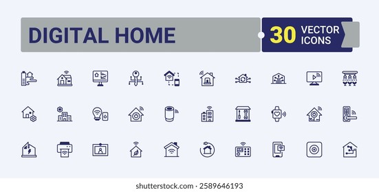 Set of Digital Home line icons. Contains linear outline icons like smart, shape, automation, garage, management, architecture. Outline symbol collection. Vector outline and solid icons collection.