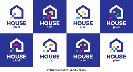 Conjunto de ilustración de Plantilla de diseño de logotipo de casa digital. Diseño moderno del Vector del concepto de la construcción casera con el icono gráfico del símbolo de la tecnología digital del pixel
