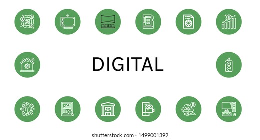 Set Of Digital Icons Such As Blockchain, Graphic Tablet, Panorama, Sd Card, Printing Test, Bitcoin, Clock, Data Analytics, Library, Video Camera, Cloud, Computer, Home Automation , Digital