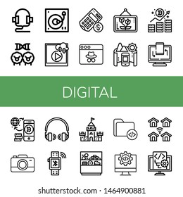Set of digital icons such as Headphones, Cloning, Turntable, Video, Calculator, Webpage, Picture, Panorama, Bitcoin, Responsive, Camera, Smartwatch, Castle, Counter , digital