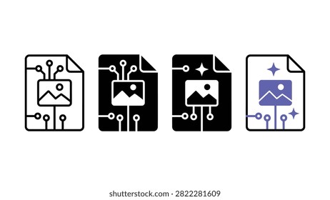 Set of digital image file icons with circuit board patterns and mountain landscape symbols