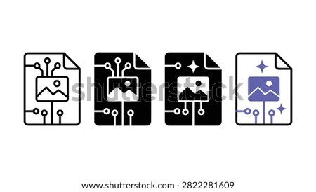 Set of digital image file icons with circuit board patterns and mountain landscape symbols