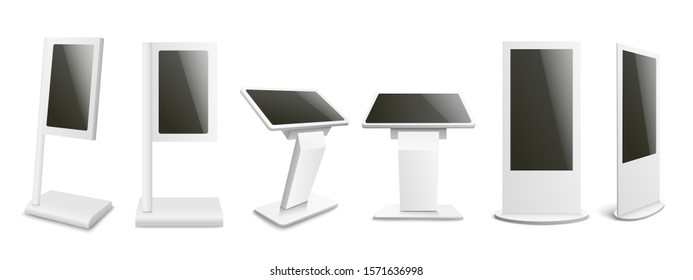 Set of digital kiosk or advertising interactive display panel mockups realistic vector illustration isolated on white background. Exhibition or commerce monitor terminal.