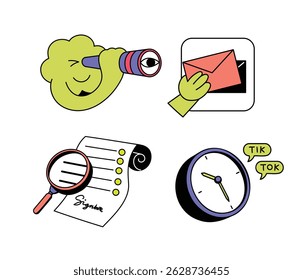 Set of Digital Marketing Business flat recolor icons with images of Mail Envelope Document Clock illustration