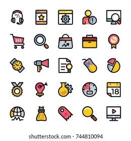 Set of Digital Marketing Flat Outlined Icons 