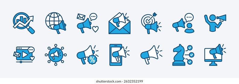 Conjunto de vetores de ícones de marketing digital. Contendo seo, rede de mídia social, site, publicidade online, conteúdo, desenvolvimento, Internet, E-mail, estratégia, destino, aplicativo, vídeo de streaming, promoção