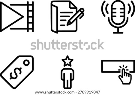 A set of digital marketing icons including video blog podcast price tag rating and click button