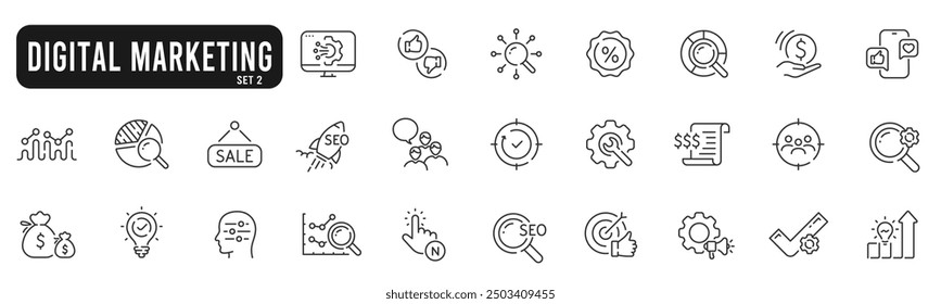 Set of digital marketing line icons. Management, seo, target, ad, analytics etc. Set 2