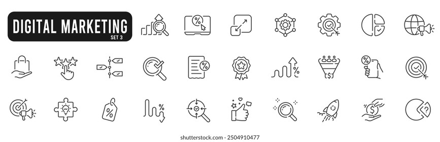 Set of digital marketing line icons. Management, seo, target, ad, analytics etc. Set 3