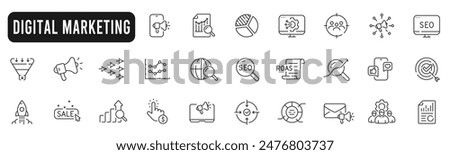 Set of digital marketing line icons. Management, seo, target, ad, analytics etc.