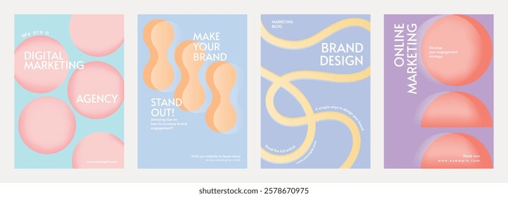 Set of digital marketing posters with abstract designs. Vibrant colors highlight brand design, online marketing, and agency services. Retro pastel branding template vector.