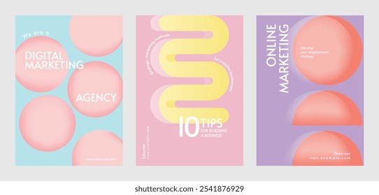 Conjunto de cartazes de marketing digital com cores pastel. Dicas de marketing digital, estratégias de marketing on-line e serviços de agência. Design moderno e colorido. Conjunto de vetores de modelo de marca pastel retro.