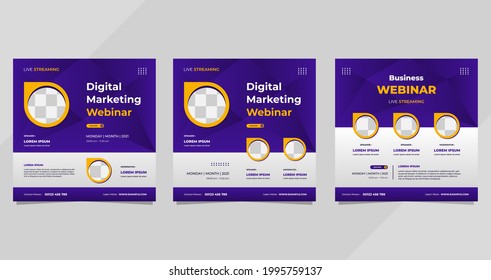 Set of digital marketing webinar social media post templates on purple background and circle frame