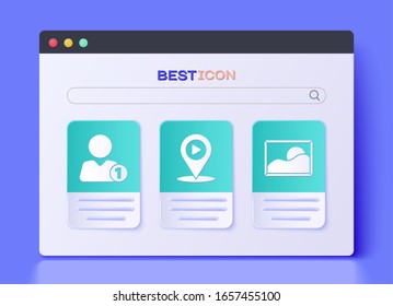 Set Digital media play with location, Add to friend and Picture landscape icon. Vector