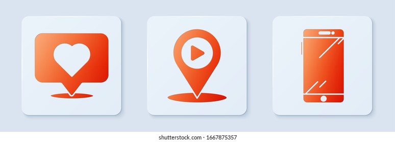Establezca el juego de medios digitales con la ubicación, Me gusta y corazón y Smartphone, teléfono móvil. Botón cuadrado blanco. Vector