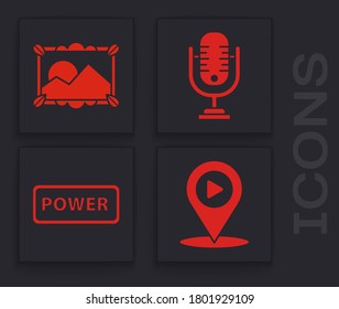 Set Digital media play with location, Picture landscape, Microphone and Power button icon. Vector