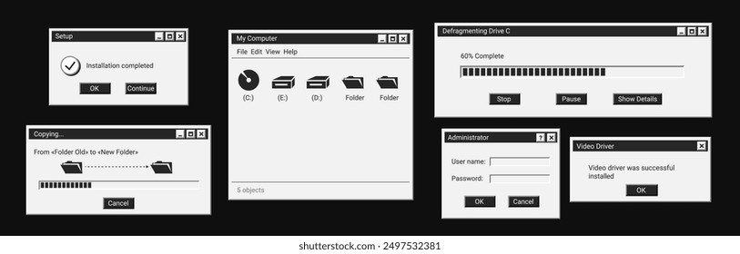 Conjunto de mensaje digital en estilo negro. Viejas ventanas oscuras de la computadora. Explorador retro en pantalla.