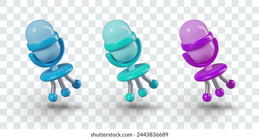 Set of digital microphones of different colors. Blue, green, purple devices for sound recording