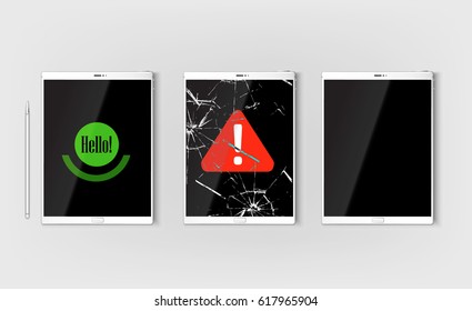 set of digital mock up three tablets with blank screen, broken screen and symbol dangers, black screen and smile hello screen. Stylus, illustration  templates 
