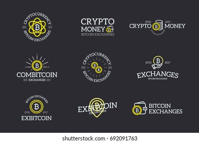 Set of digital money and bitcoin, cryptocurrency logo, labels and badges vector design elements on dark background. Retro typography decoration objects and symbols, vintage ornaments.