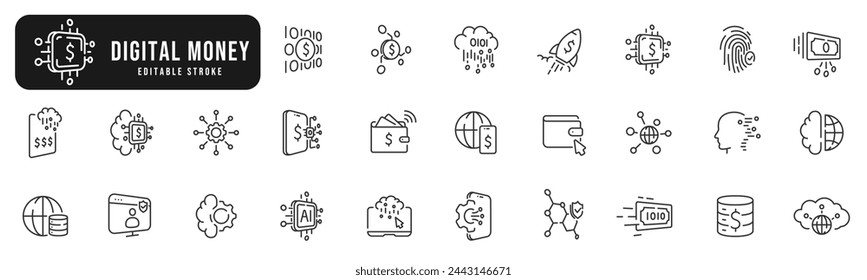 Set of digital money line icons. Money, cloud, dollar, wallet, finance etc. Editable stroke