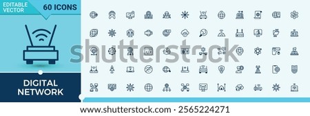 Set of Digital Network line icons. Icons laptop, networking, phone, host, Internet, net, communication and more. Collection for mobile and web apps. Editable vector outline and solid icons.