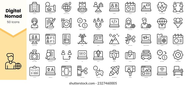 Conjunto de iconos nómadas digitales. Paquete de iconos de estilo de arte de línea simple. Ilustración del vector