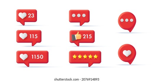 Set of digital notification tags, 3d interface icons with likes and approval sign of thumb up, counter and message, red labels, render style