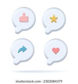Set of digital notification tags, 3d render social media interface icons with like, heart, arrow and approval sign of thumb up. Internet message render illustration style