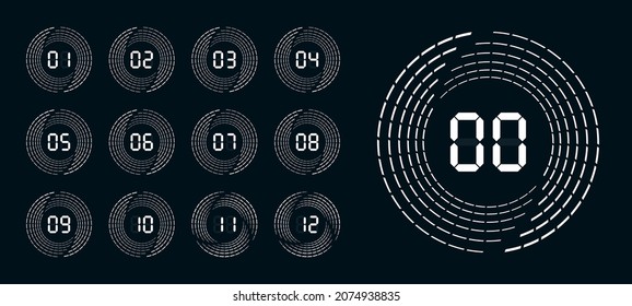 Set of digital numbers. Figures with speed lines. Minimalist, modern numbers from 1 to 12.