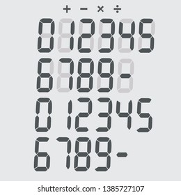 Set of digital numbers, plus, minus, multiply and divide symbols. 