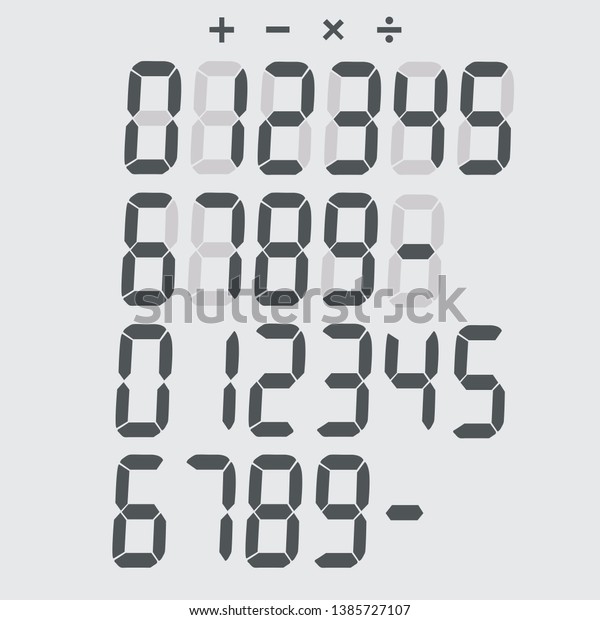 Set of digital numbers, plus, minus, multiply and divide\
symbols. 