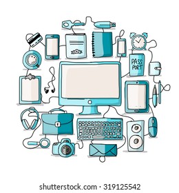 Set of digital office devices. Sketch for your design. Vector illustration