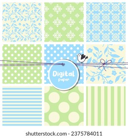 Set of Digital papers, Set of seamless patterns, flowers, dots, stripes, square swatches, greem beige, blue , white color