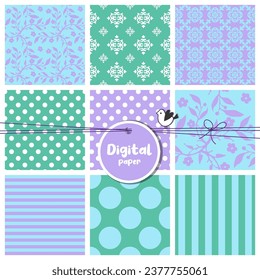 Set of Digital papers, Set of seamless patterns, flowers, dots, stripes, square swatches, green, lilac, blue, white color