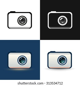 Set of Digital Photo Camera isolated on white and dark black background, Flat and Realistic style