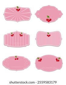 Set of digital pictures with cherry, frames and labels, vintage style. Suitable for decoration of cosmetics, pharmacy products. Vector illustration. Aged paper effect. EPS 10