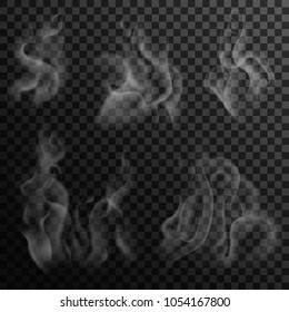 Set Of Digital Realistic Smoke On A Dark Background. Izolated White Steam From Coffee, Tea And Hot Food. Transparent Elements For Web Pages And Menu