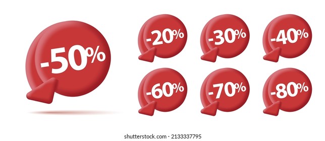 Set of digital red labels for sale discounts percent, circle with arrow down for decrease price, tags bubbles, isolated
