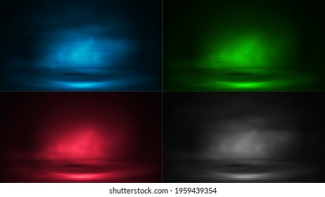 Set of digital scenes with fog and rays of lighting. Blue, green, pink and gray digital neon scenes