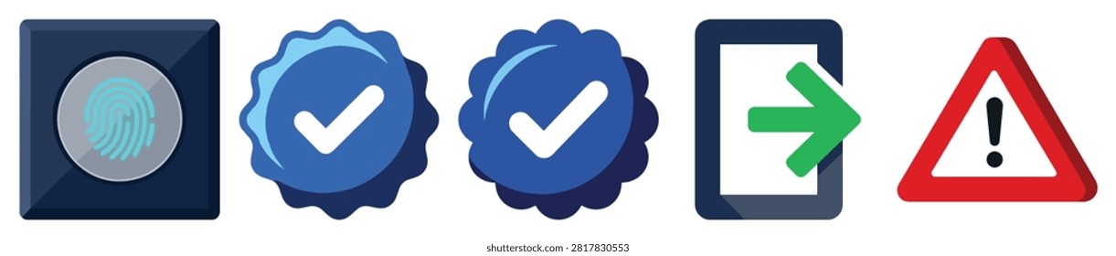 set of digital security icons featuring shields checkmarks arrows and warning signs in vibrant blue green and red colors designed for cybersecurity themes