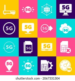 Ajuste Medidor de velocidad digital 5G, tarjeta Sim rechazada, red en la nube, social, ubicación, enrutador y señal e icono de wi-fi y de red social. Vector