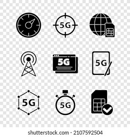 Set Digital Speed Meter 5G, Network, Globe Sim Card, Card, Antenna And  Icon. Vector